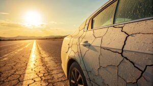 alt text: Close-up showing sun-damaged and faded red car paint