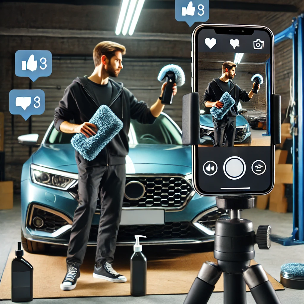 A social media influencer reviewing a car detailing product on camera. The setting includes a well-lit garage with a sleek car in the background. The influencer is holding a microfiber towel and a car polish bottle, demonstrating the application process. A smartphone on a tripod is capturing the review, while comments and likes appear as floating icons on the screen, symbolizing audience engagement.
