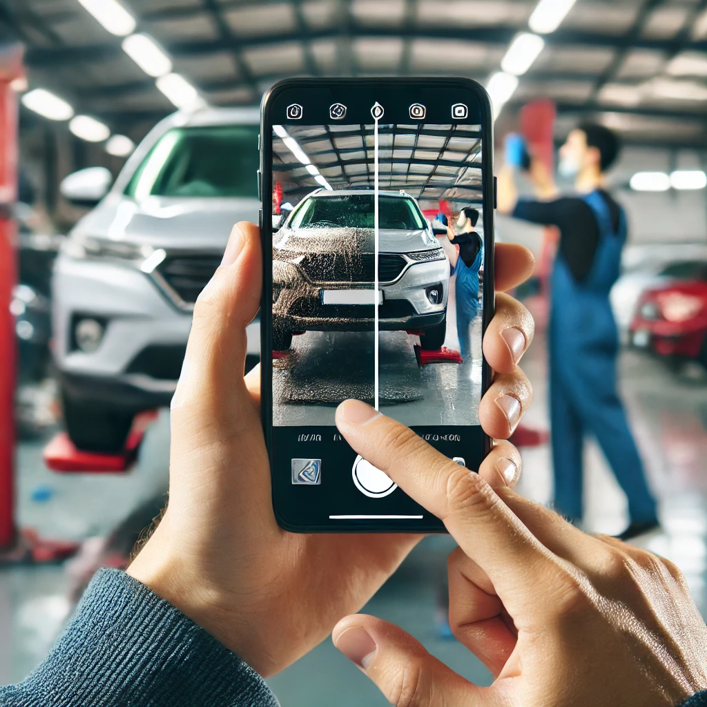 A person taking a before-and-after photo of their freshly detailed car and sharing it on social media. The phone screen shows a split image: one side with a dirty car, the other side with a shining, polished vehicle. The background features a car detailing shop or a garage.