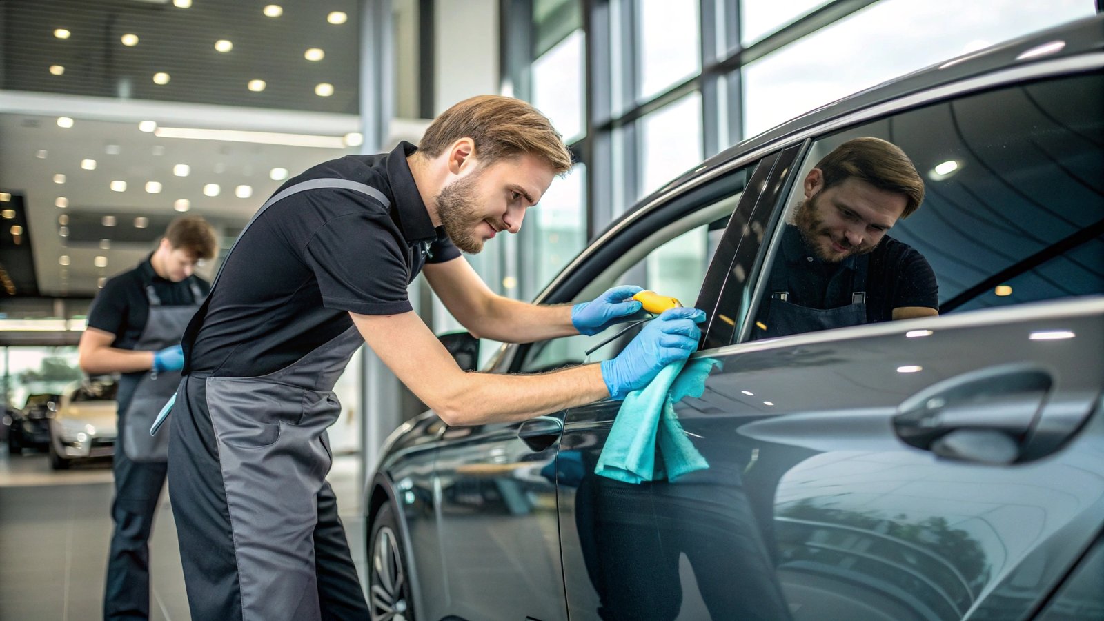 Dealership cleaning windows