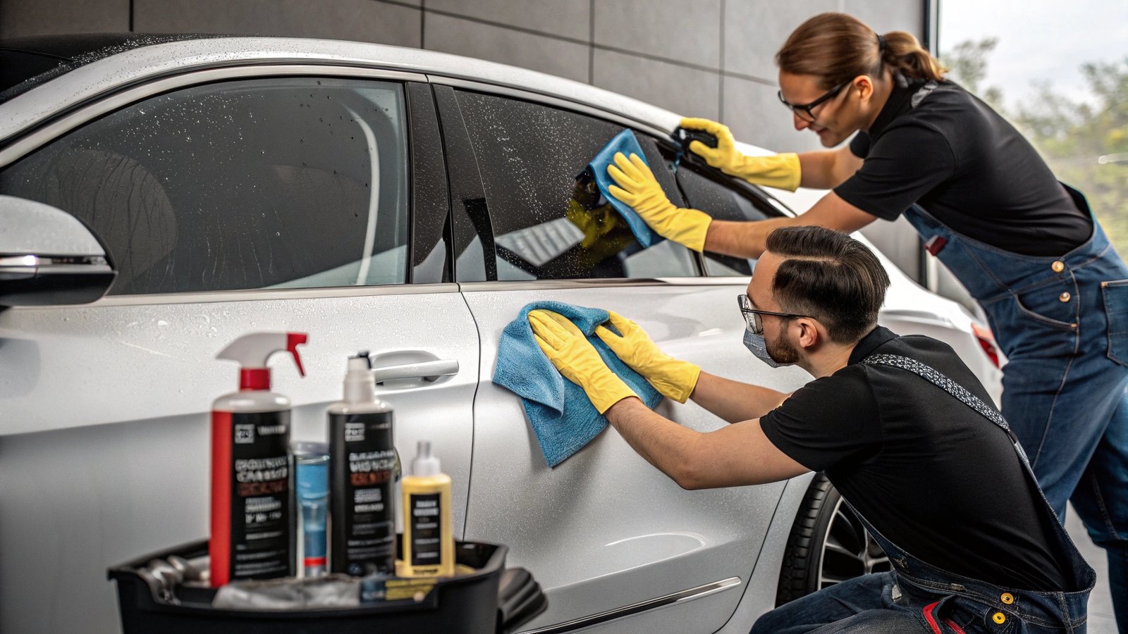 Detailers cleaning windows