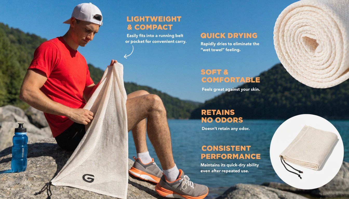 Happy gym member using microfiber towel