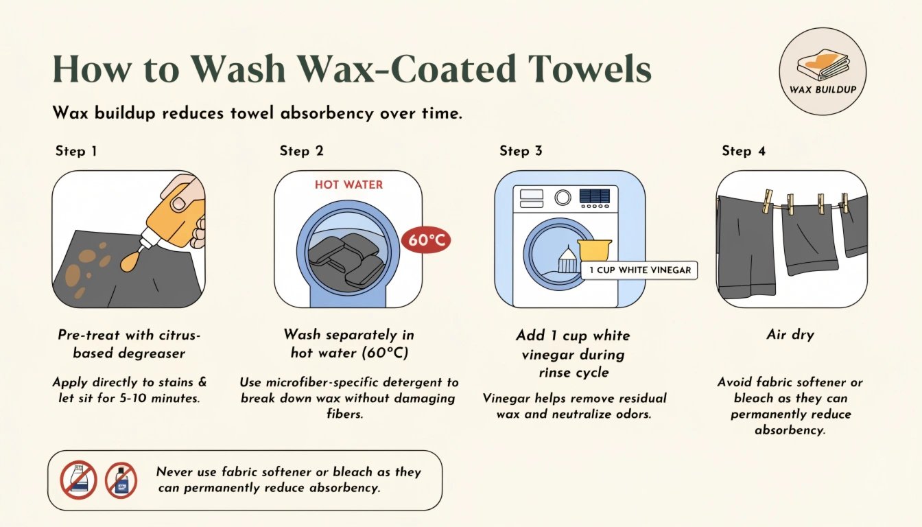 Wax-covered microfiber towel being treated